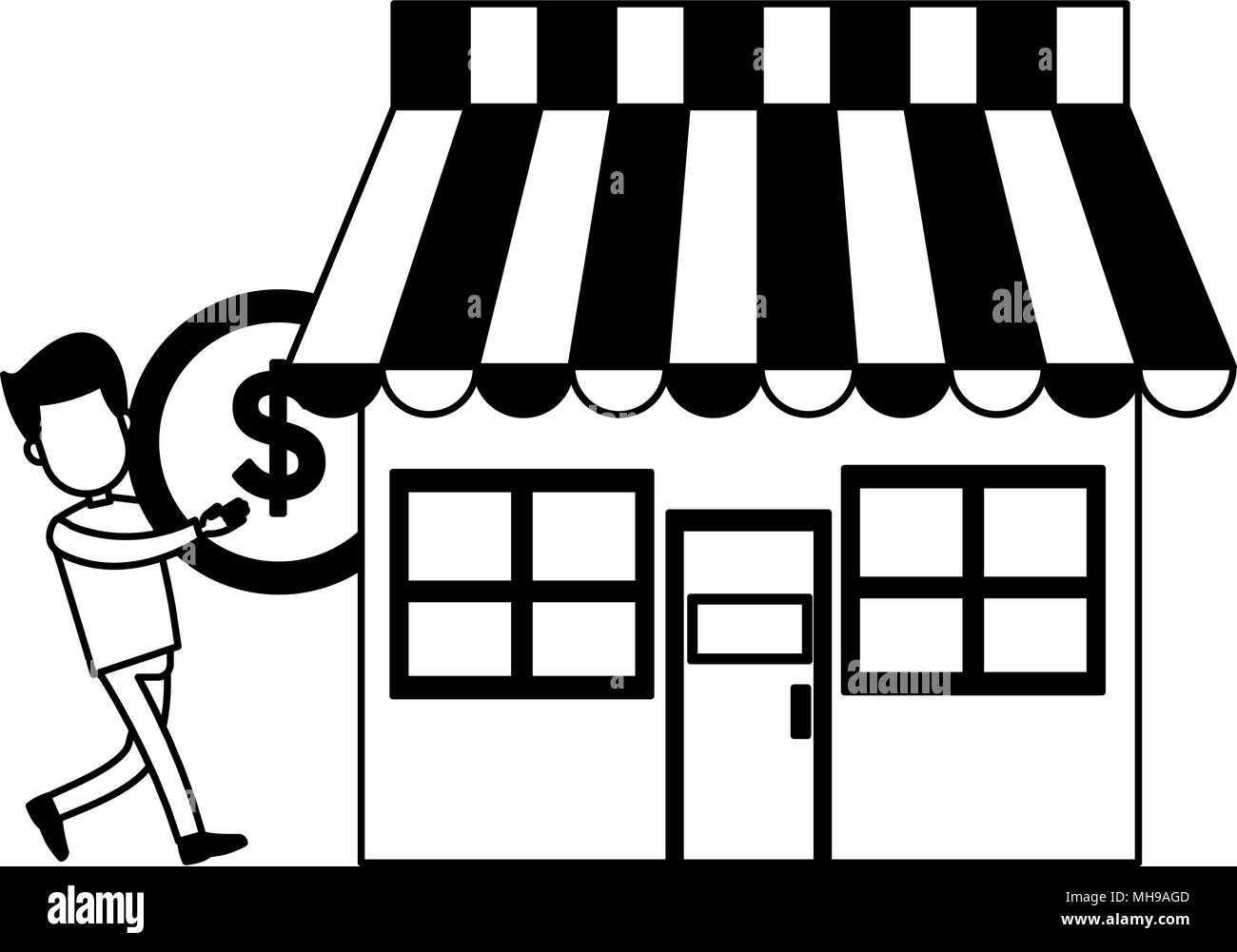 Businessman with coin at store on black and white colors Stock Vector ...