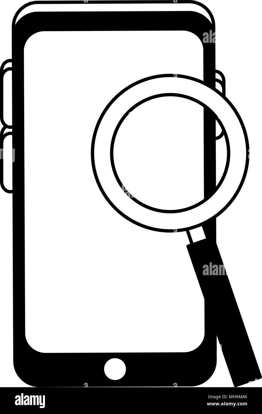 Magnifying glass looking smartphone on black and white colors Stock ...