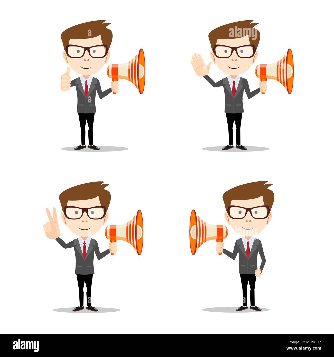 Young businessman with a megaphone. Set Stock Vector