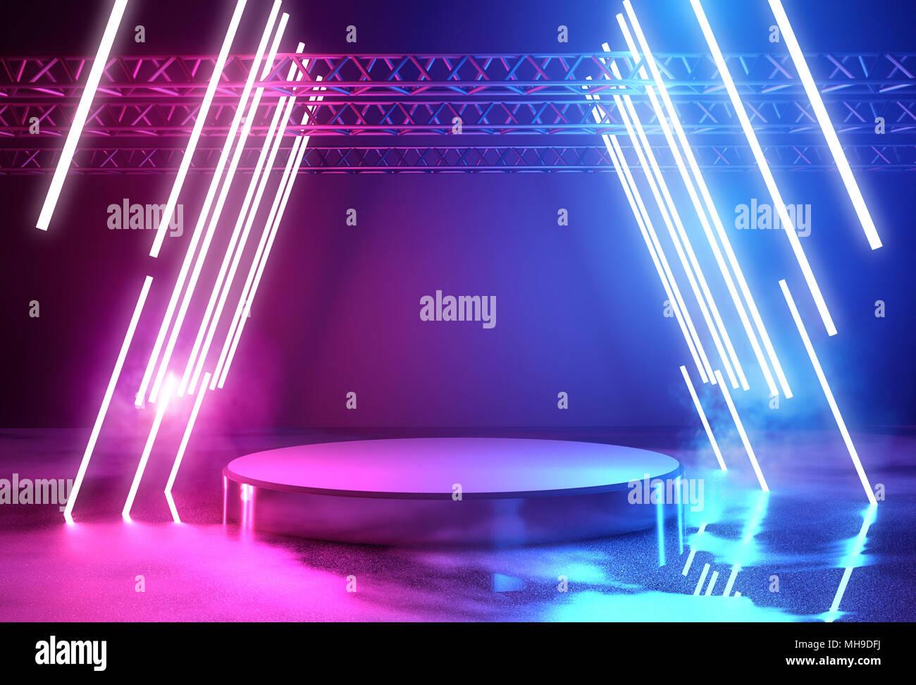 Glowing neon lighting and a blank platform for product placement, 3D illustration. Stock Photo