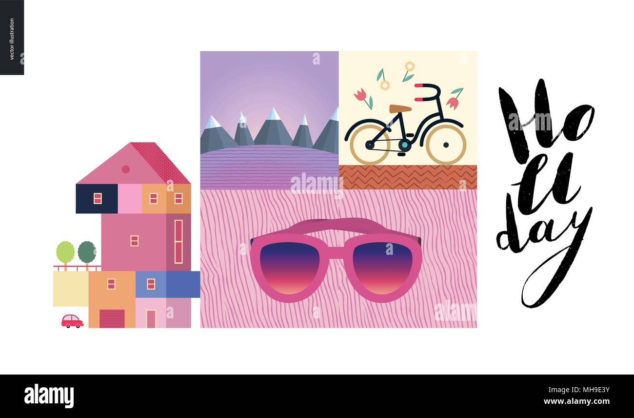 Simple things - vacation - flat cartoon vector illustration of a pink house, purple mountain landscape, bicycle with flowers, sun glasses and Holiday  Stock Vector