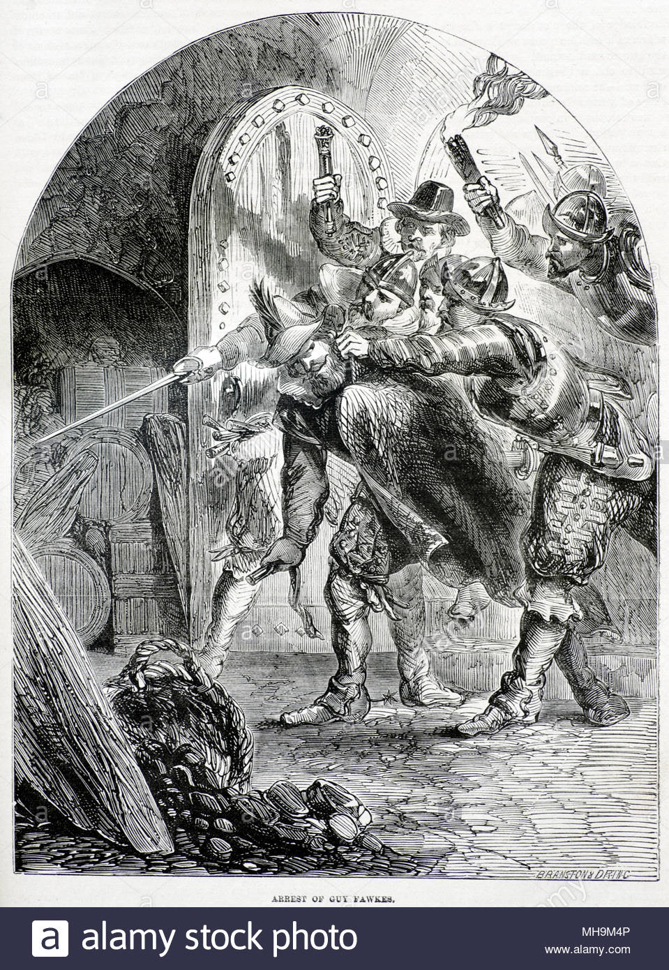 The arrest of Guy Fawkes in 1605 in the vaults of the Houses of Parliament, antique illustration from circa 1880 Stock Photo