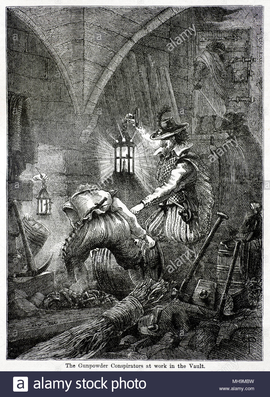 The Gunpower conspirators at work in the vault 1605,  was a failed assassination attempt against King James I of England and VI of Scotland by a group of provincial English Catholics led by Robert Catesby, antique illustration from circa 1880 Stock Photo