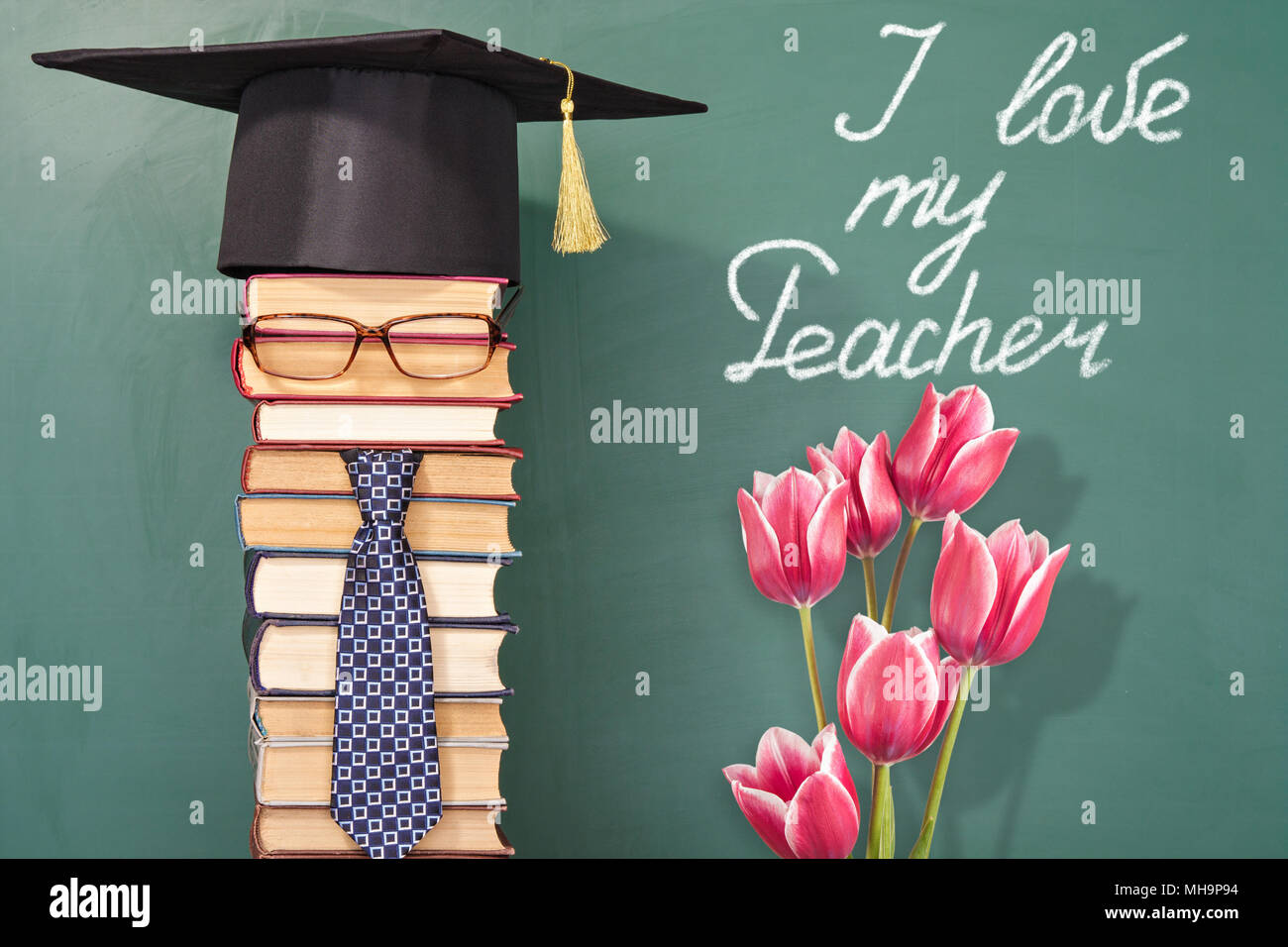 I love my Teacher, funny education concept with man teacher and flowers Stock Photo
