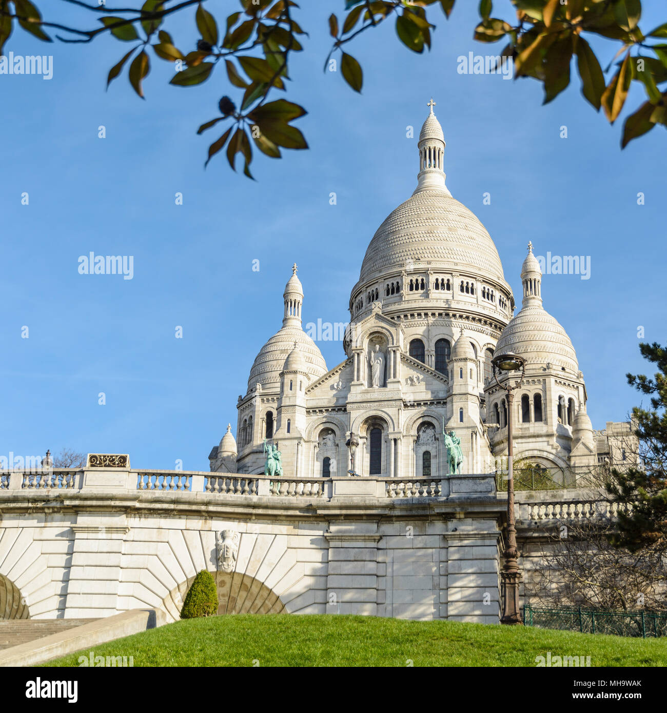The basilica of the Sacred Heart of Paris at the top of the Montmartre hill seen from the Louise Michel park with foliage in the foreground. Stock Photo