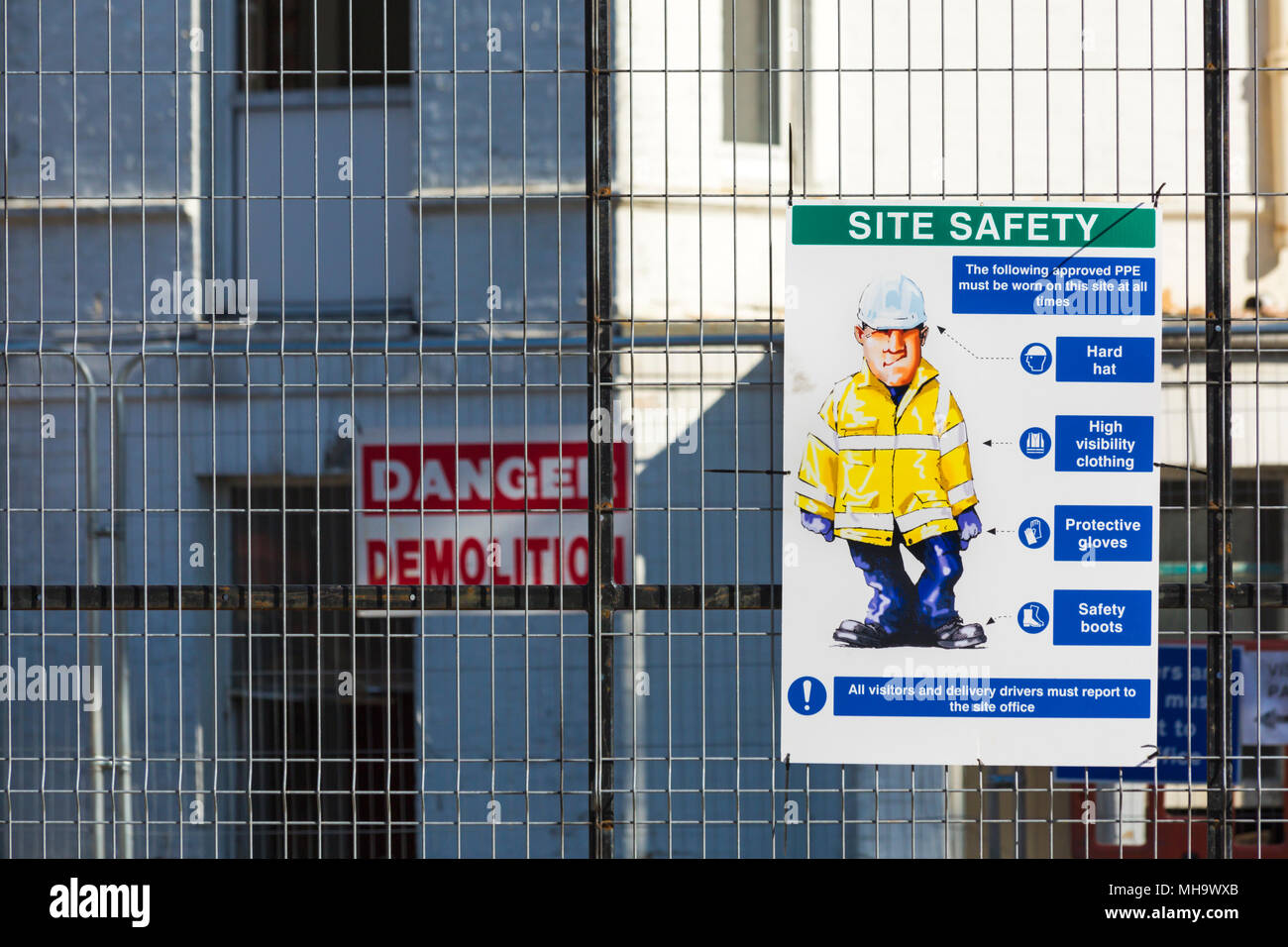 demolition of Wessex Hotel at Bournemouth, Dorset UK in April - site safety sign notice Stock Photo