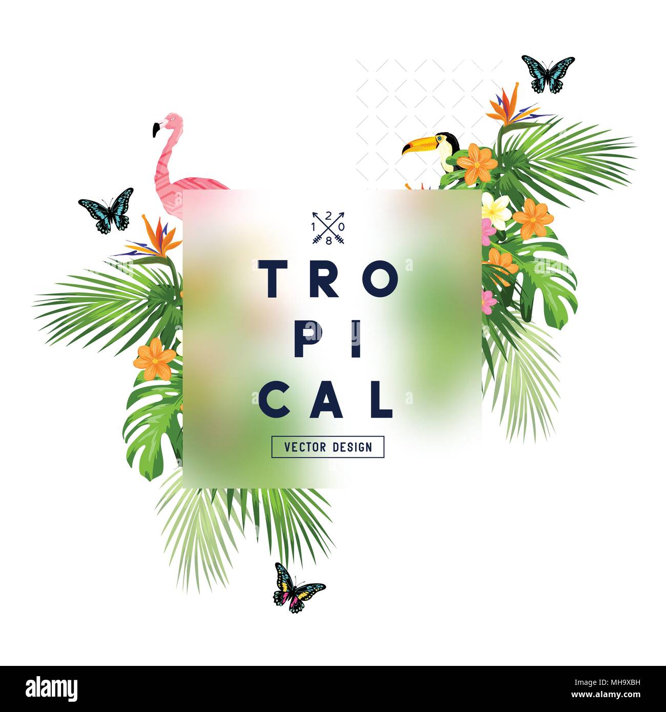Tropical rainforest frame with palm tree leaves, floral elements, and wildlife. Vector illustration Stock Vector