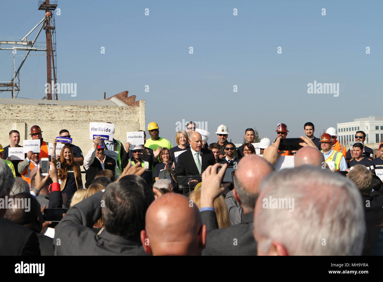 Governor Jerry Brown gives a speech at the groundbreaking ceremony in Fresno for the California High Speed Rail project Stock Photo