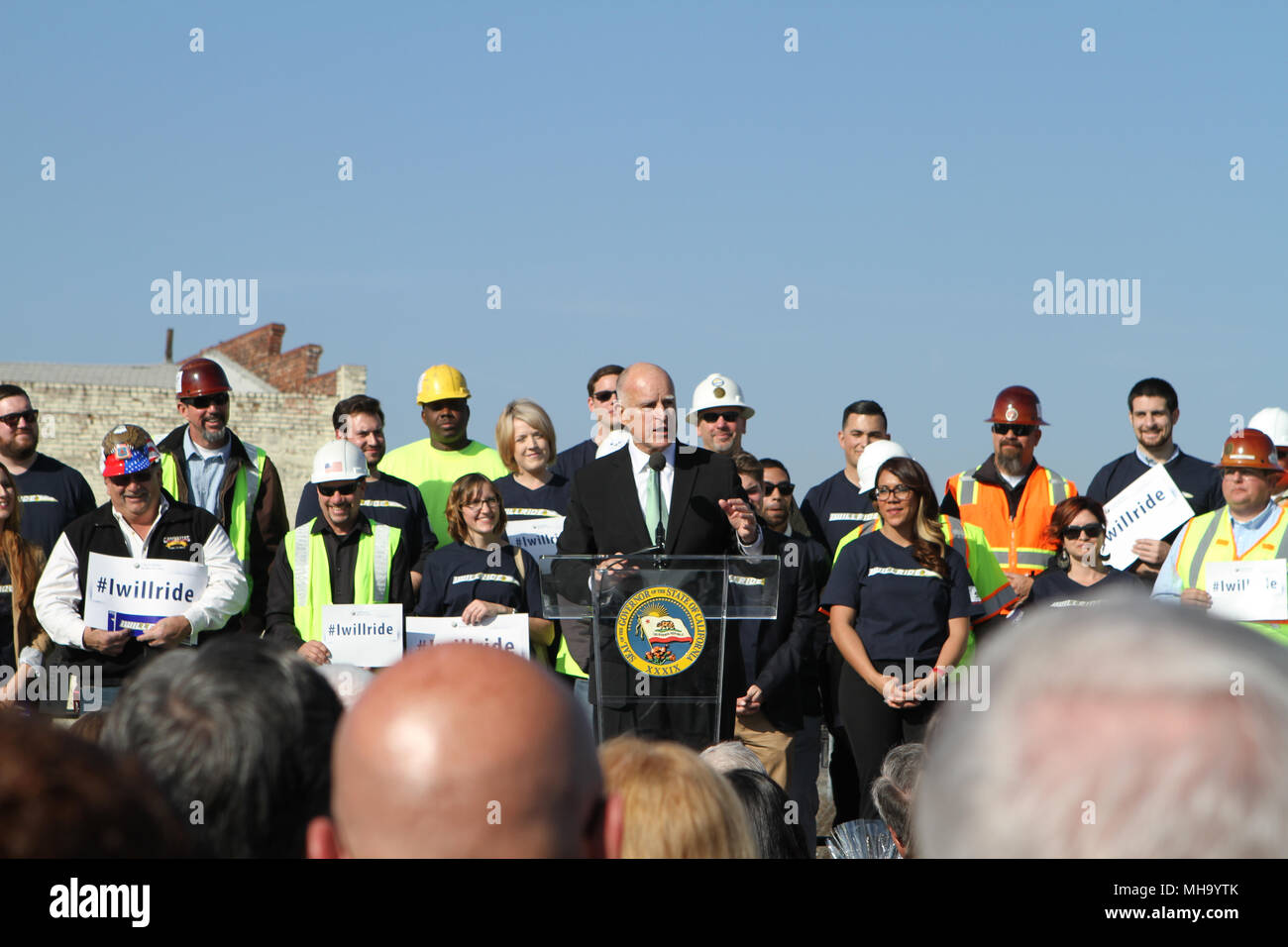 Governor Jerry Brown gives a speech at the groundbreaking ceremony in Fresno for the California High Speed Rail project Stock Photo