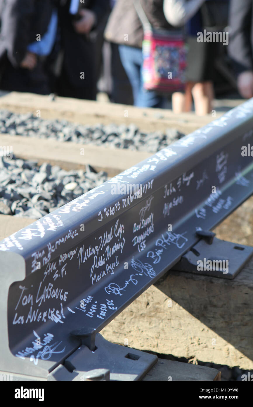 Rail signed by dignitaries and politicians at the California High Speed Rail Groundbreaking Ceremony in Fresno Stock Photo