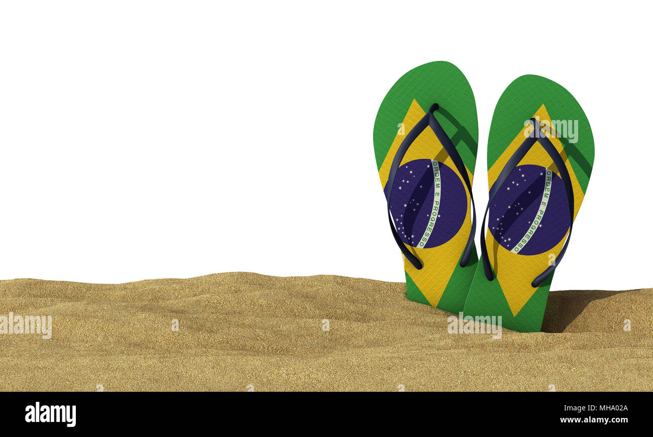 Brazil flag flip flop sandals on a white background. 3D Rendering Stock