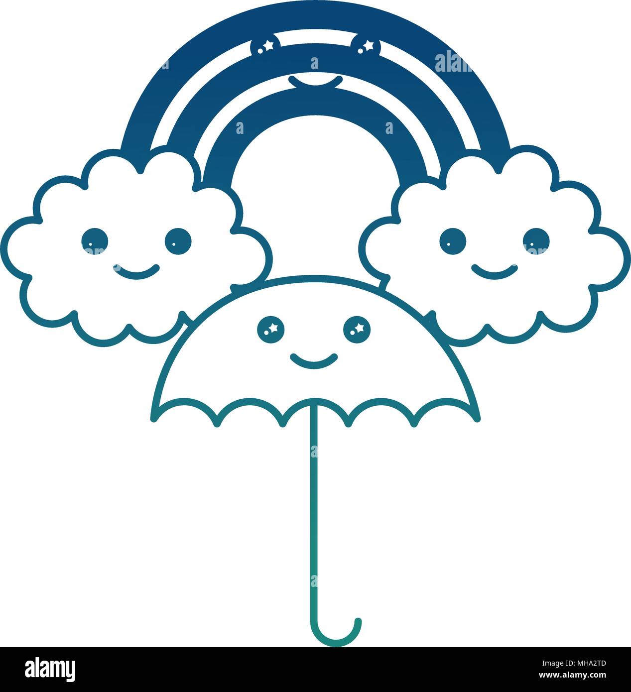 happy kawaii rainbow clouds umbrella cartoon vector illustration ...