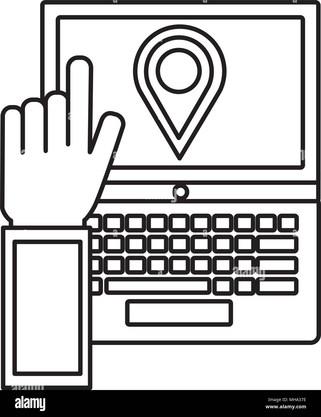 laptop computer with hand index and pointer vector illustration Stock ...