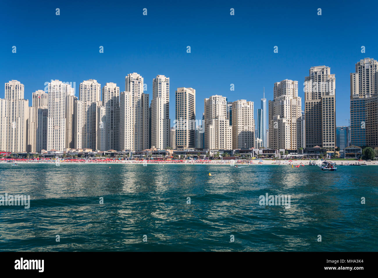 An offshore view of the marina from the Persian Gulf in Dubai, UAE, Middle East. Stock Photo