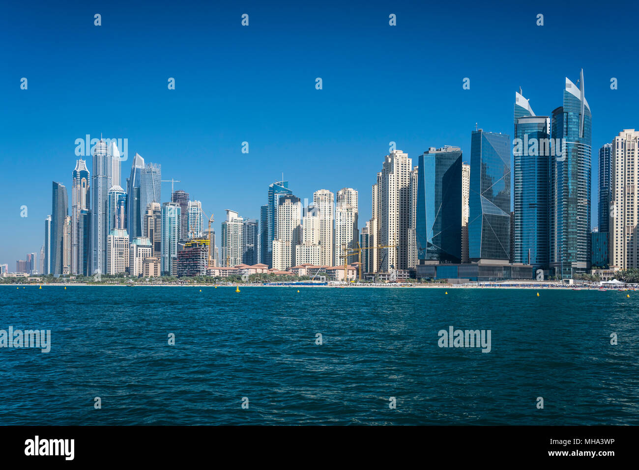 An offshore view of the marina from the Persian Gulf in Dubai, UAE, Middle East. Stock Photo
