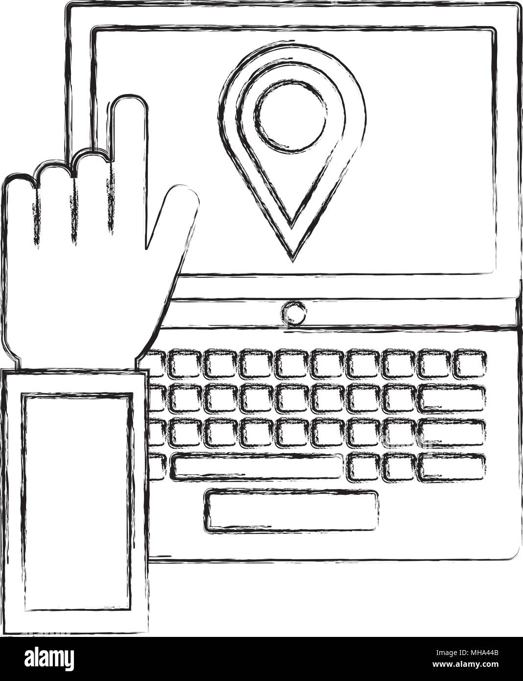 laptop computer with hand index and pointer vector illustration Stock ...