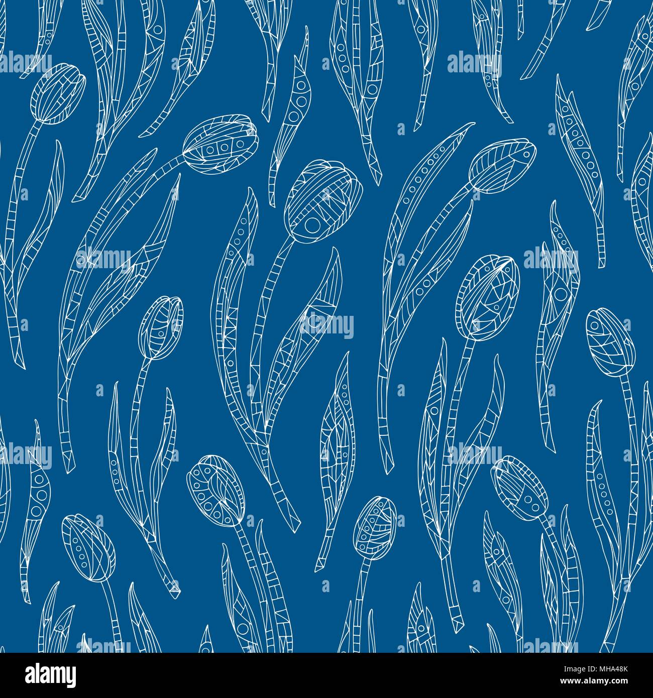 Tulips flowers pattern. Hand drawn floral seamless vector background. Stock Vector