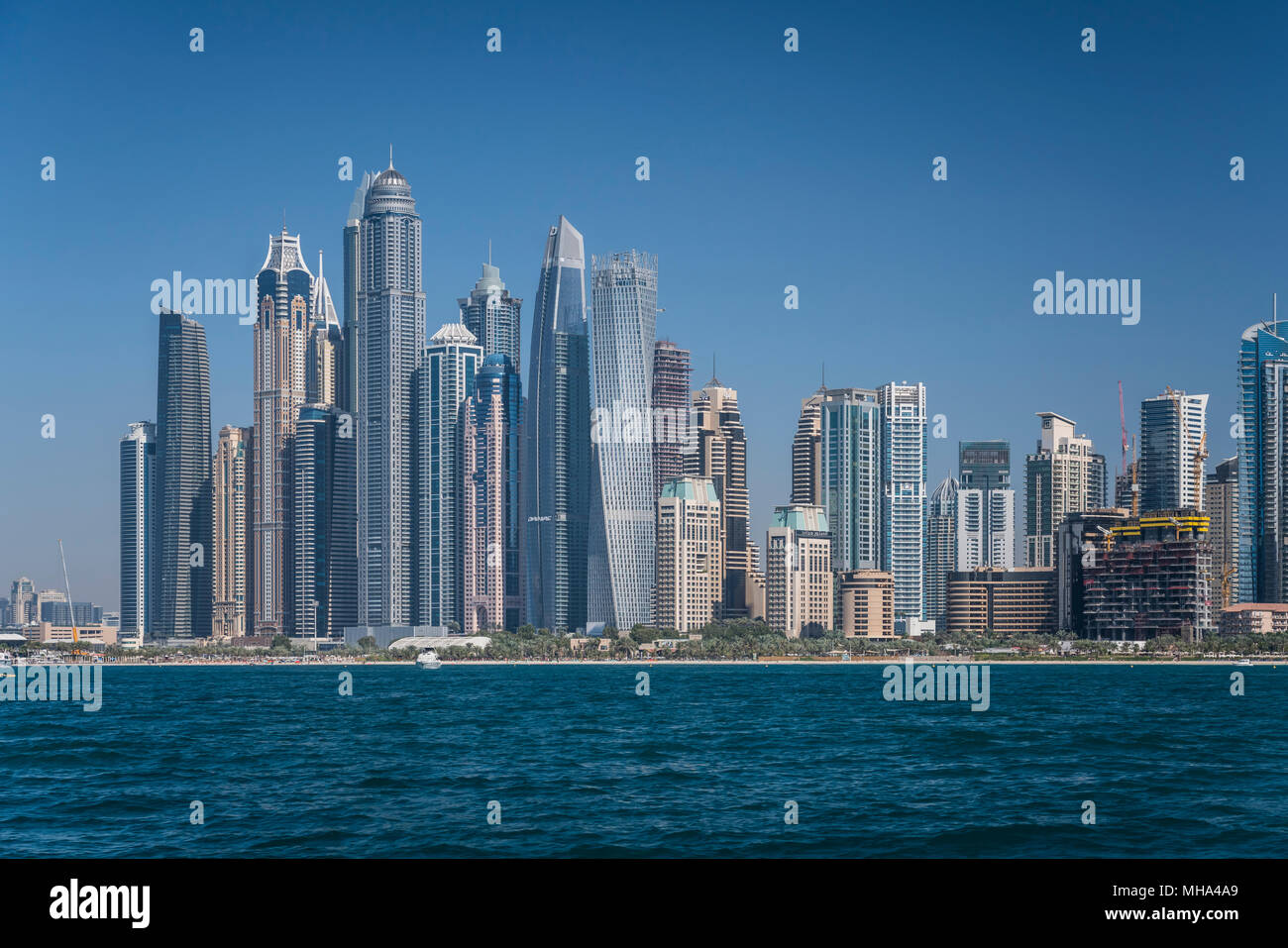An offshore view of the marina from the Persian Gulf in Dubai, UAE, Middle East. Stock Photo