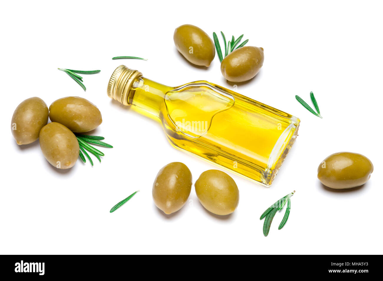 green olives ond olive oil isolated on white background Stock Photo - Alamy