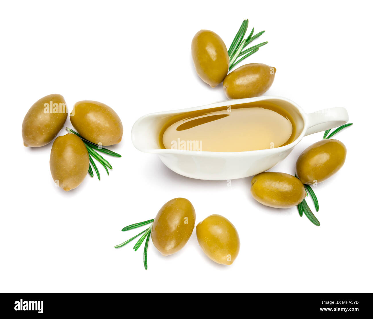green olives ond olive oil isolated on white background Stock Photo - Alamy