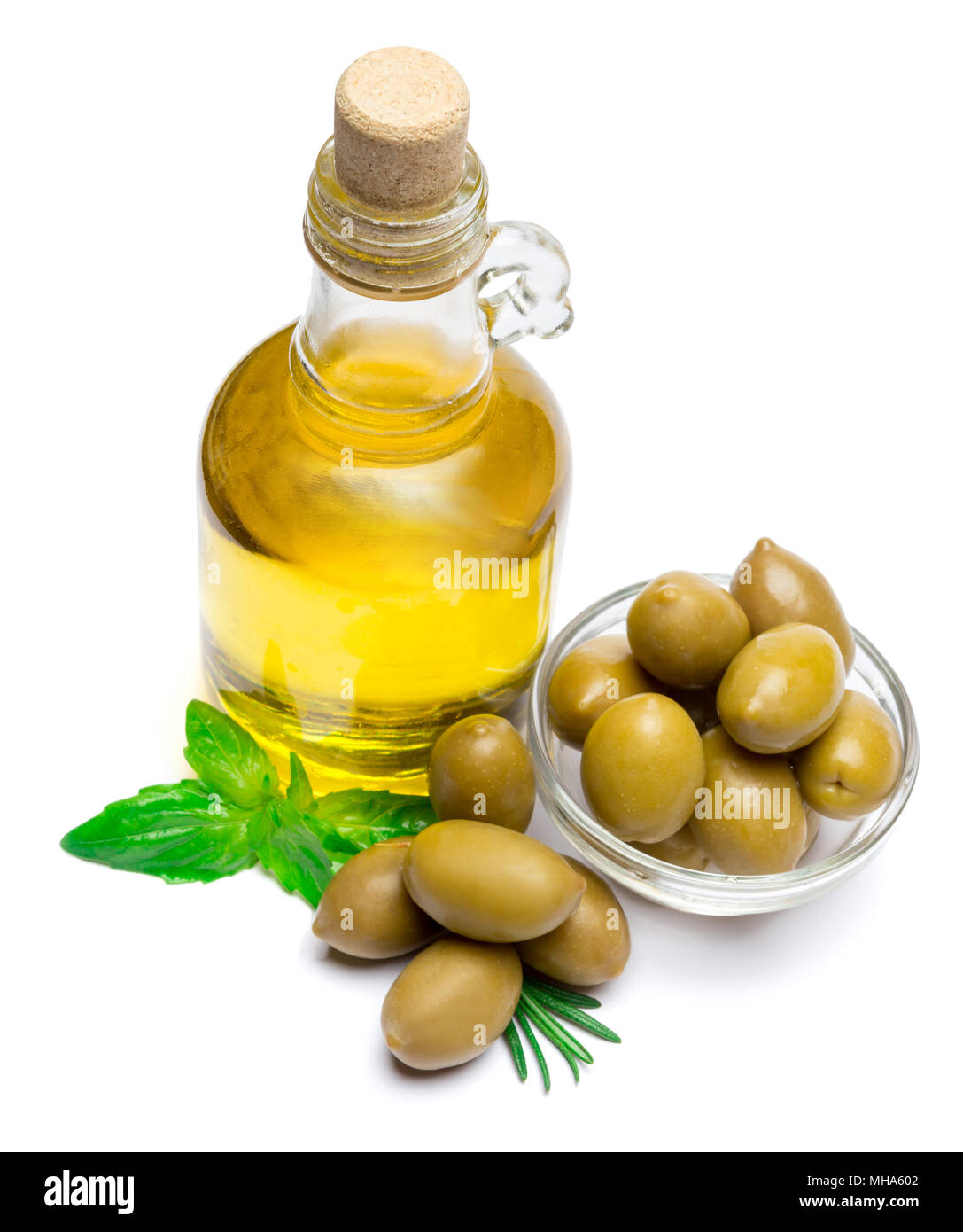 green olives ond olive oil isolated on white background Stock Photo - Alamy