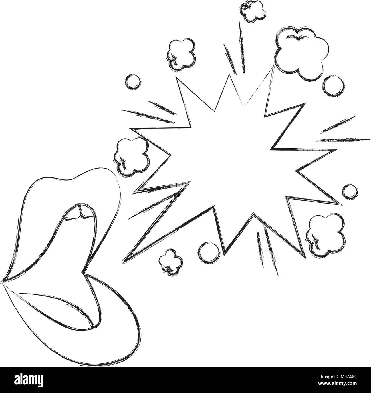 mouth lips explosion speech bubble pop art vector illustration sketch