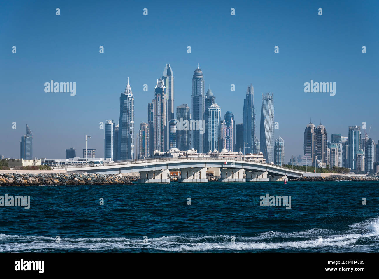 An offshore view of the marina from the Persian Gulf in Dubai, UAE, Middle East. Stock Photo