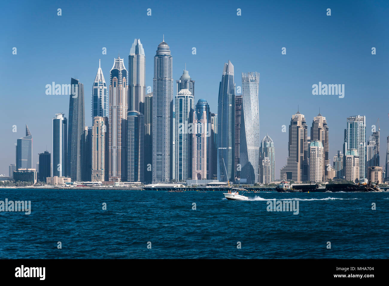 An offshore view of the marina from the Persian Gulf in Dubai, UAE, Middle East. Stock Photo