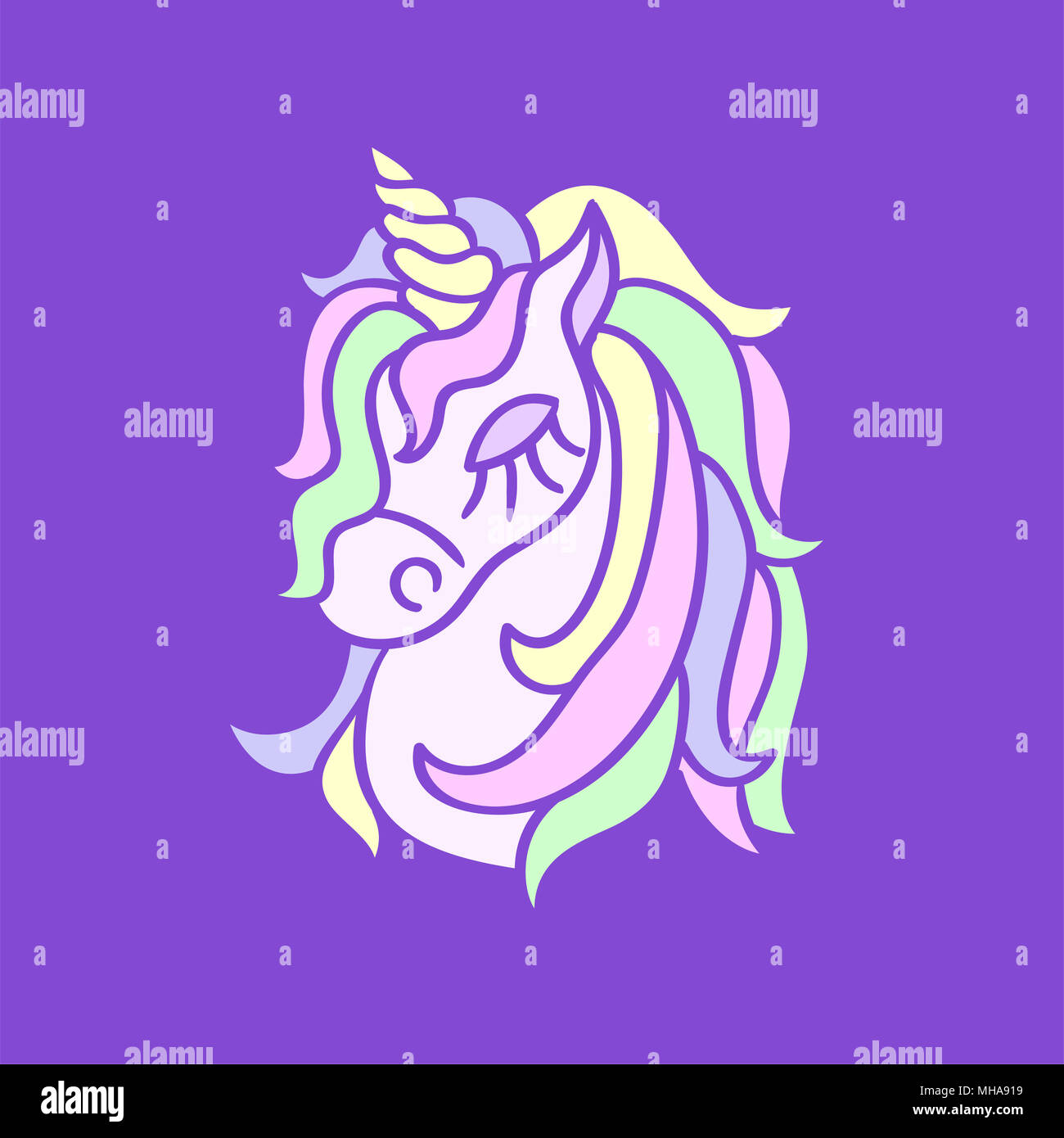 Magic unicorn head icon on the purple background Stock Photo