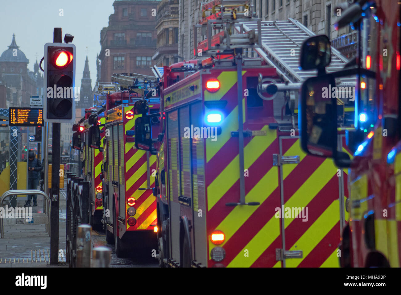 Fire engines attending an incident, Argyle Street, Glasgow, Scotland Stock Photo