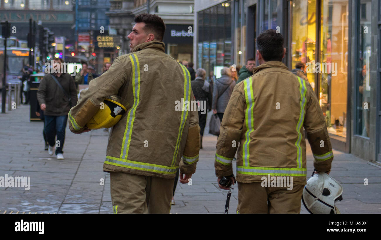 Firefighters attending an incident, Argyle Street, Glasgow, Scotland Stock Photo