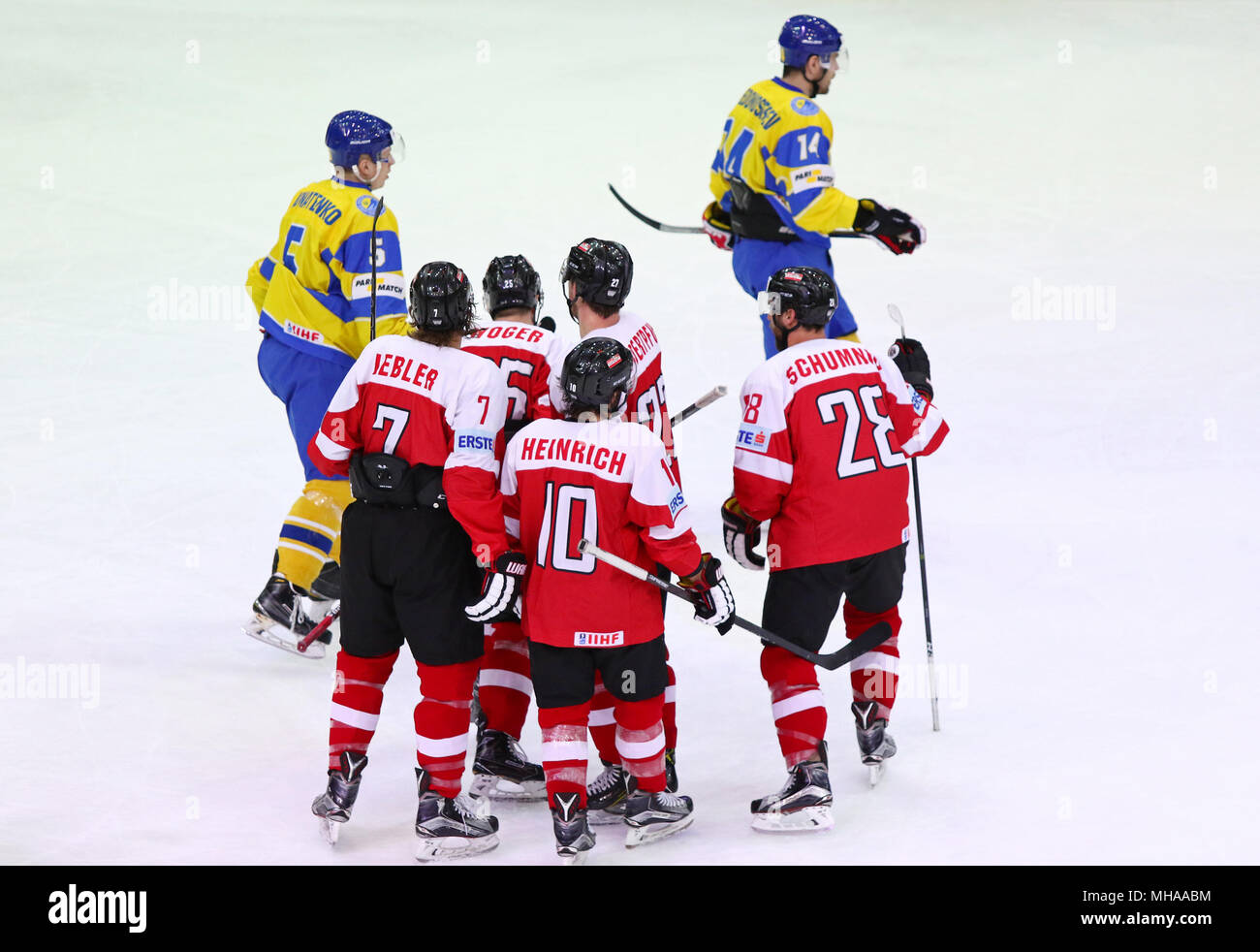KYIV, UKRAINE - APRIL 25, 2017: Players of Austria National Team react after scored a goal during IIHF 2017 Ice Hockey World Championship Div 1 Group  Stock Photo