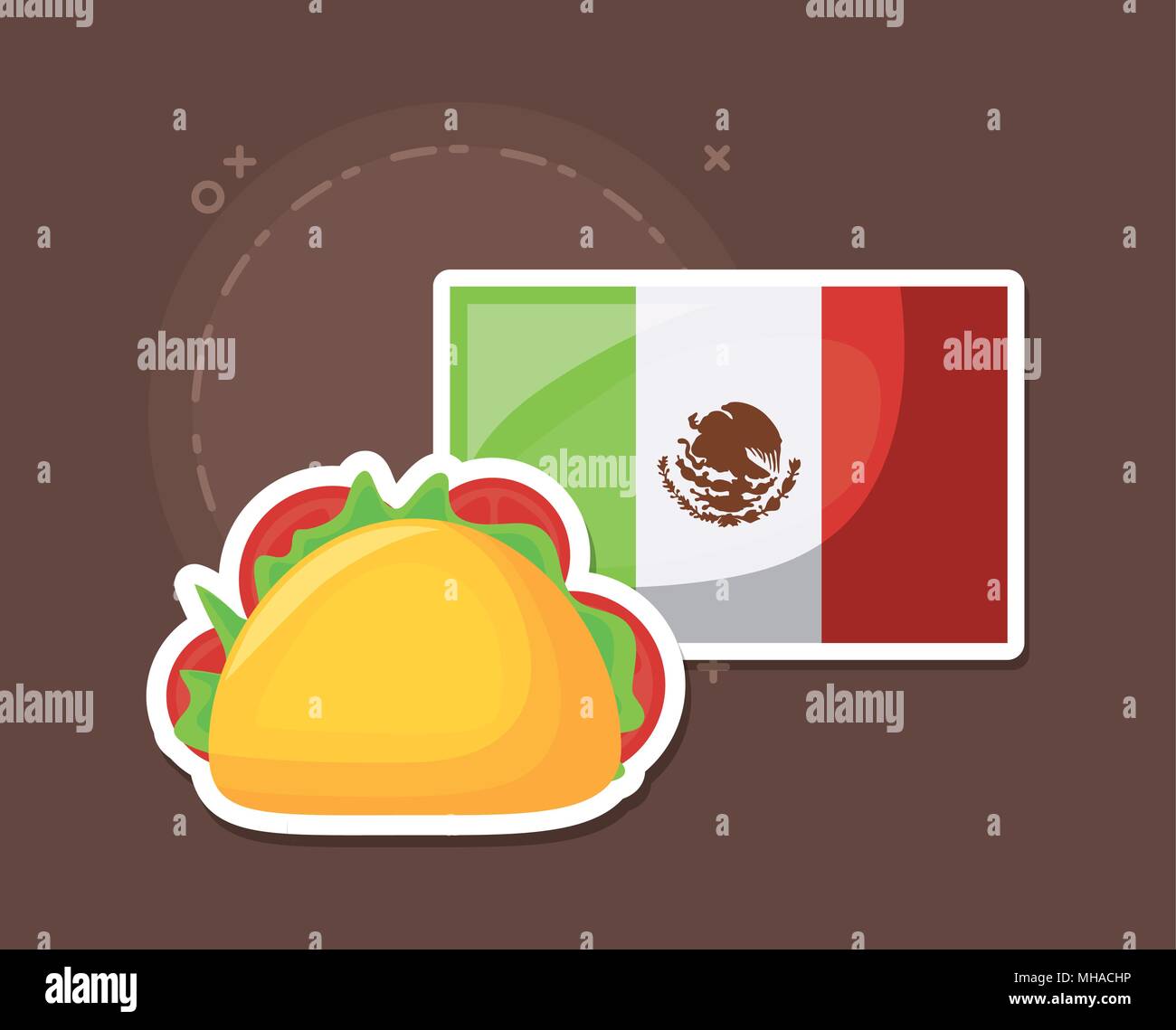 taco and flag of mexico over brown background, colorful design. vector