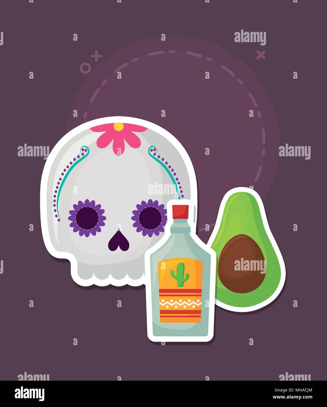 viva mexico design with sugar skull with avocado and tequila bottle ...