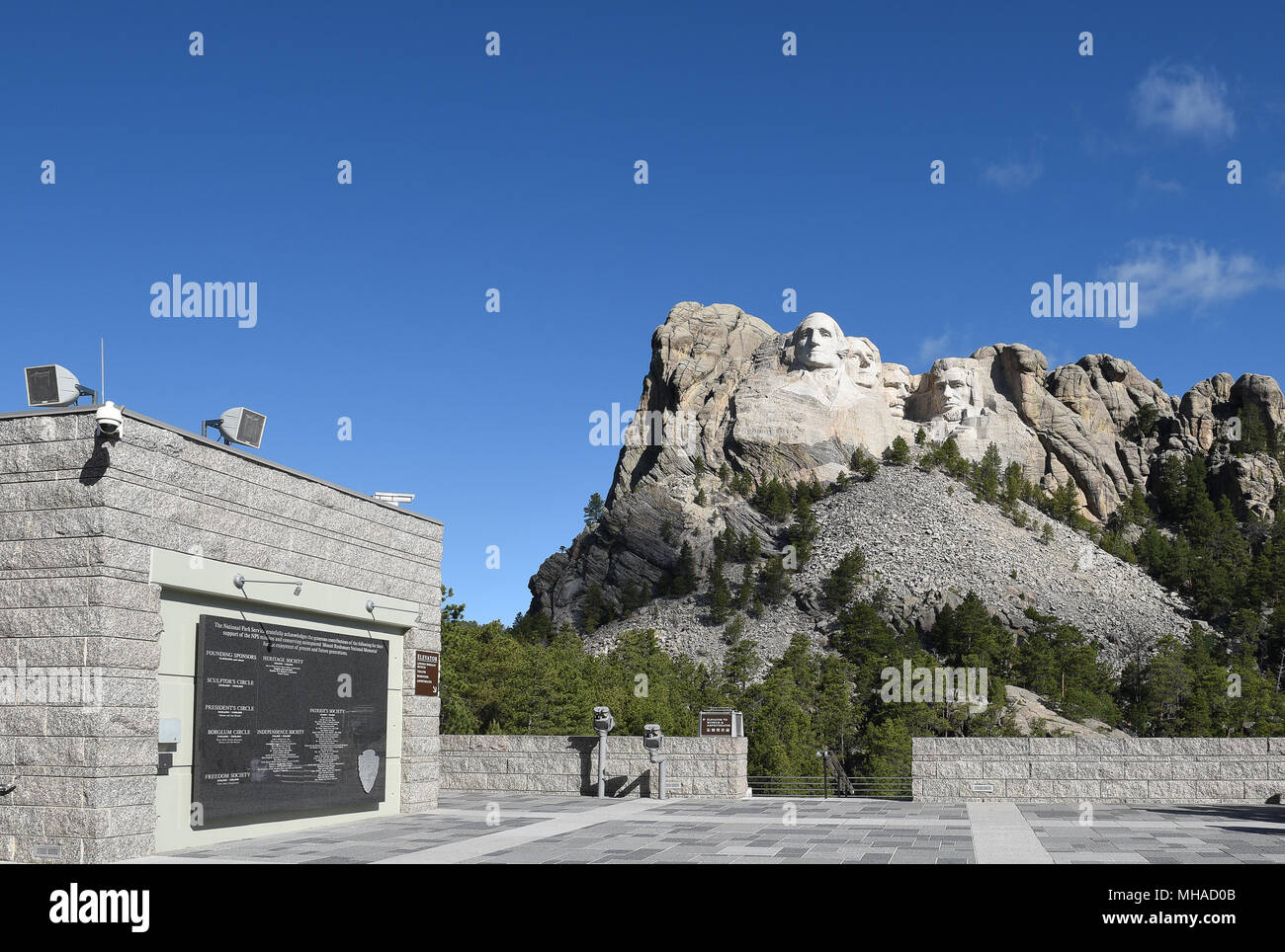 Grand View Terrace at Mount Rushmore National Memorial, a massive sculpture carved into Mount Rushmore in the Black Hills region of South Dakota. Stock Photo