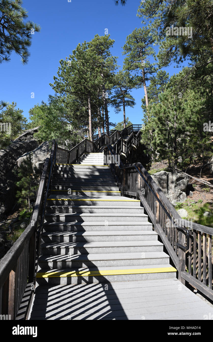 Stairs along the Presidents Trail at Mount Rushmore National Memorial in the Black Hills region of South Dakota. Stock Photo