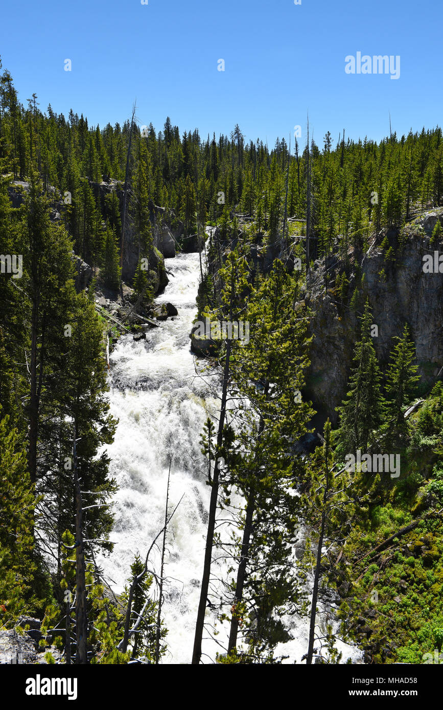 Kepler Cascades is a waterfall on the Firehole River in southwestern Yellowstone National Park. The cascades drop approximately 150 feet over multiple Stock Photo