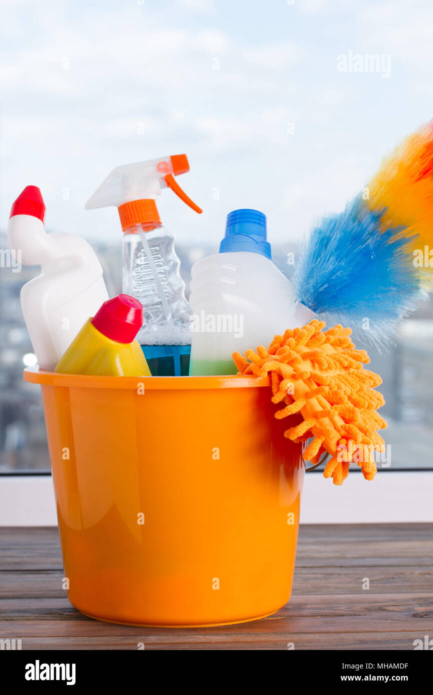 Various cleaning supplies, housekeeping background Stock Photo by ©Milkos  188497298