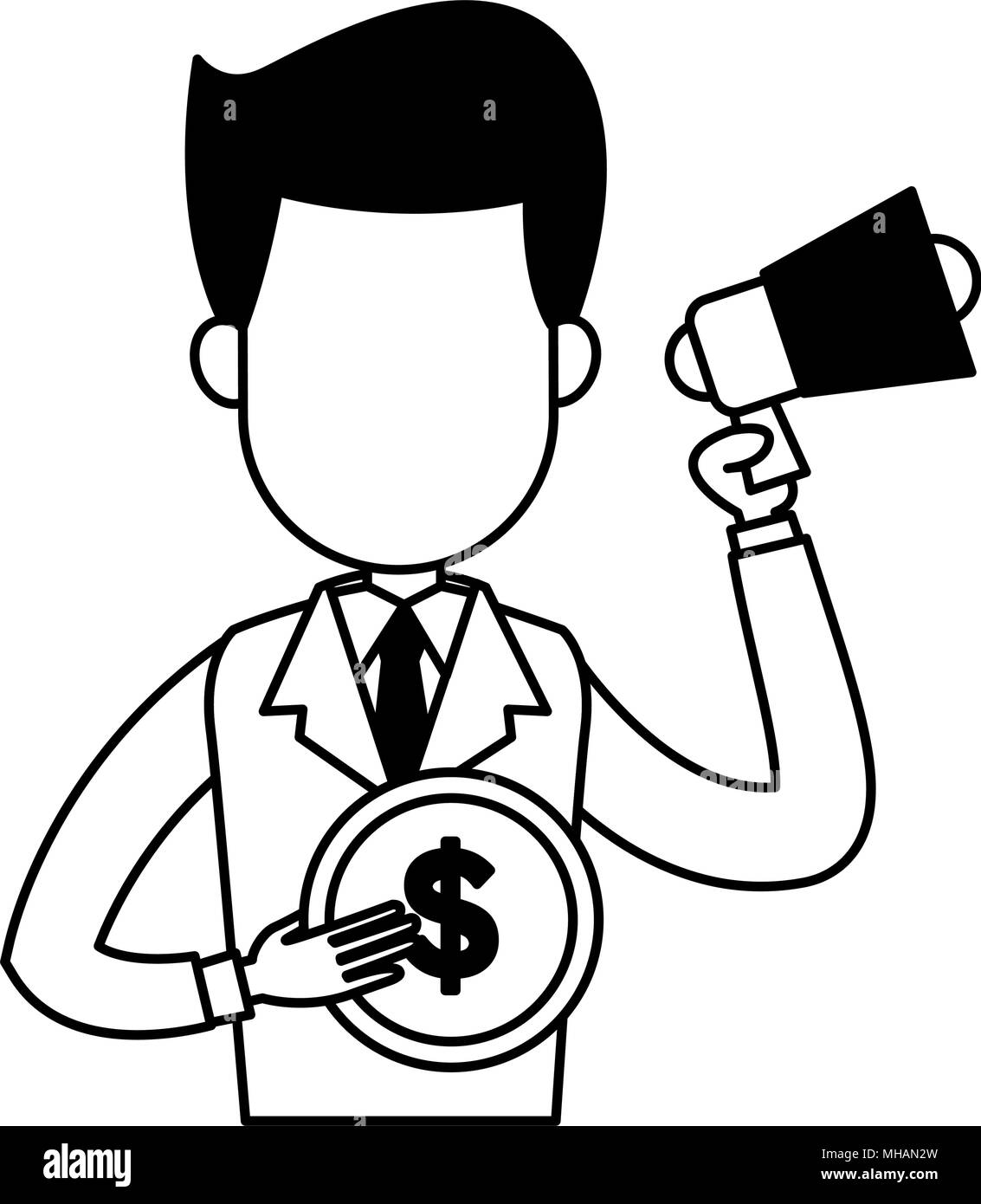 Businessman with bullhorn and coin on black and white colors Stock ...