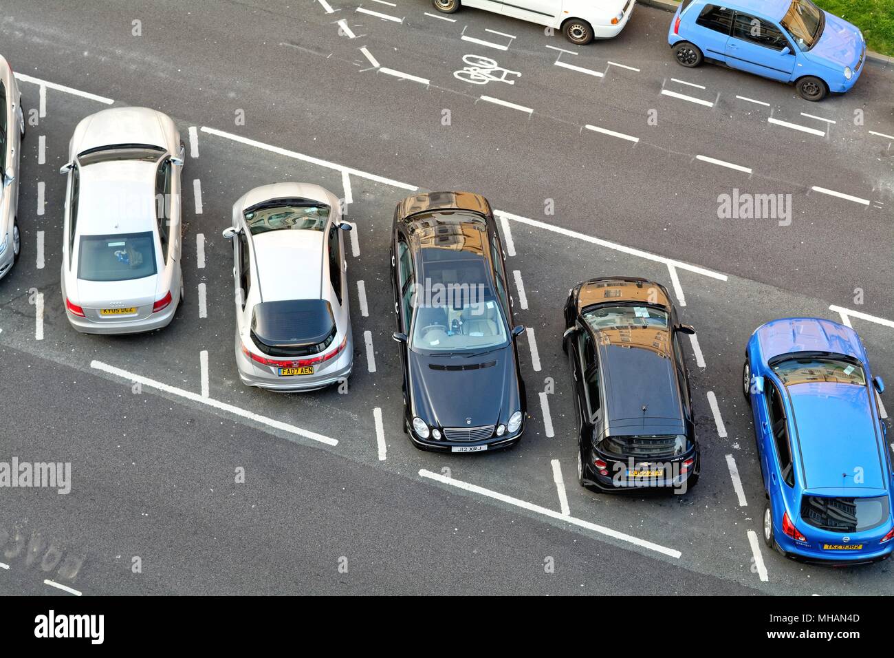 Aerial view of parked cars  in parking bays in Devonshire Place Eastbourne East Sussex England UK Stock Photo
