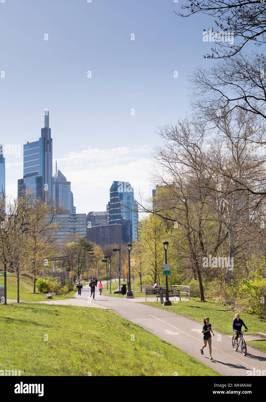 Philadelphia Skyline with Schuylkill River Park Boardwalk in springtime, Philadelphia , Pennsylvania, USA Stock Photo