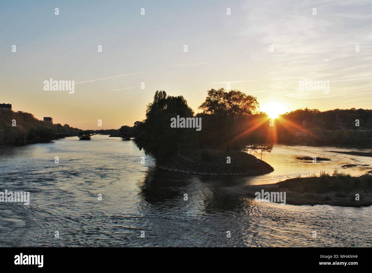 Sunset on river Loire in Tours city, Loire Valley - UNESCO world heritage, France Stock Photo