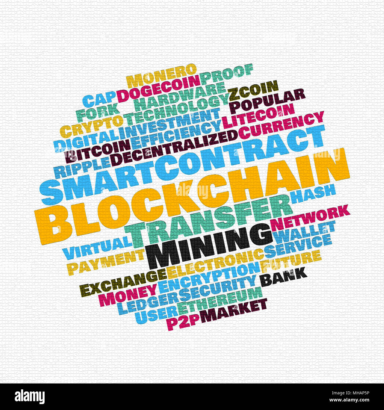 Blockchain wordcloud concept on mosaic white background Stock Photo