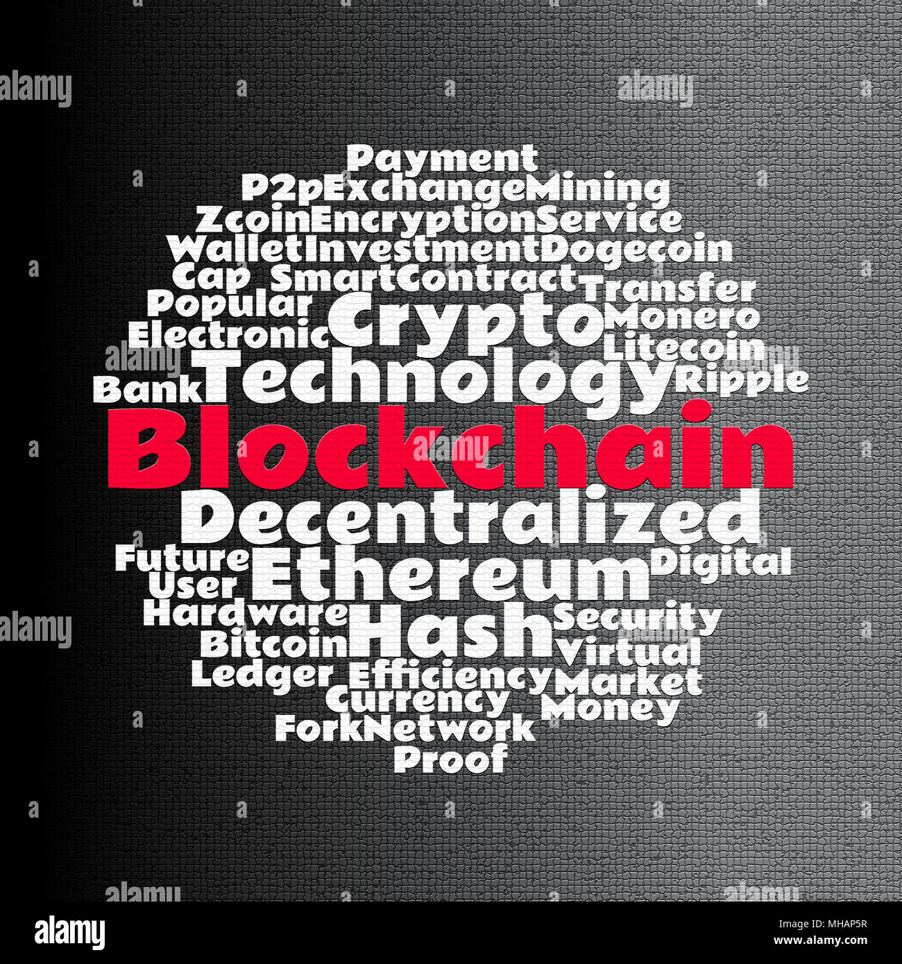 Blockchain wordcloud concept on mosaic dark background Stock Photo