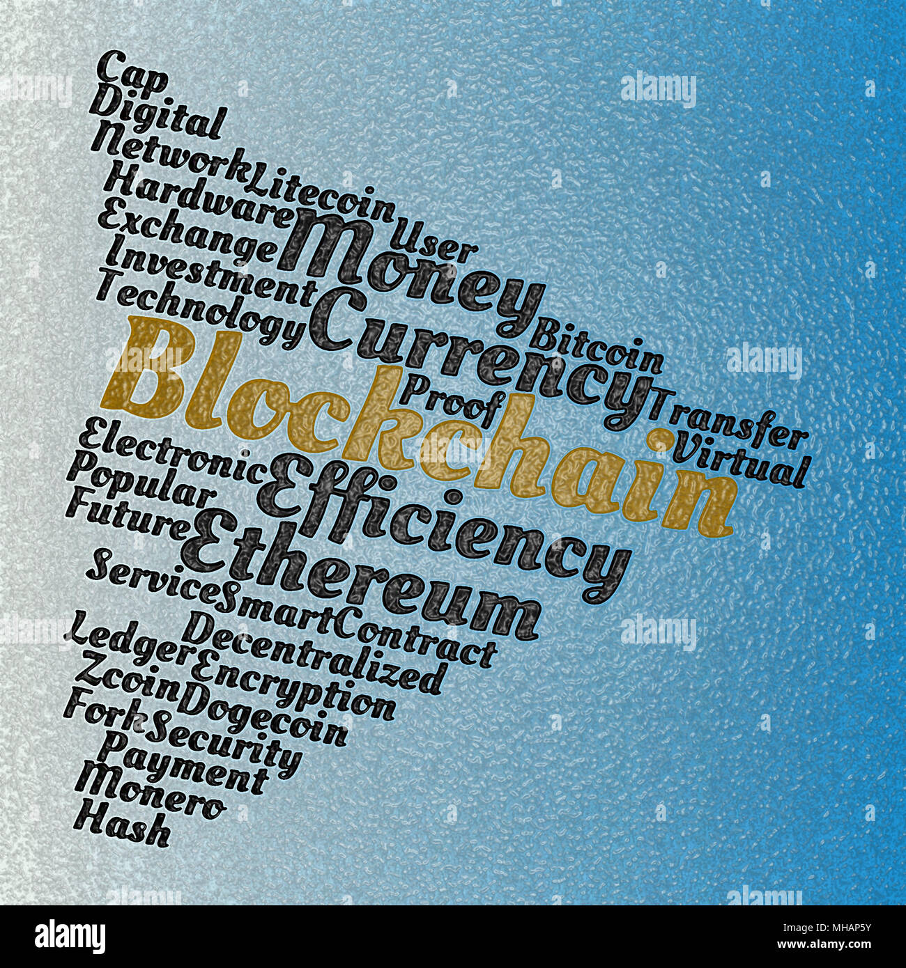 Blockchain wordcloud concept on blue background Stock Photo