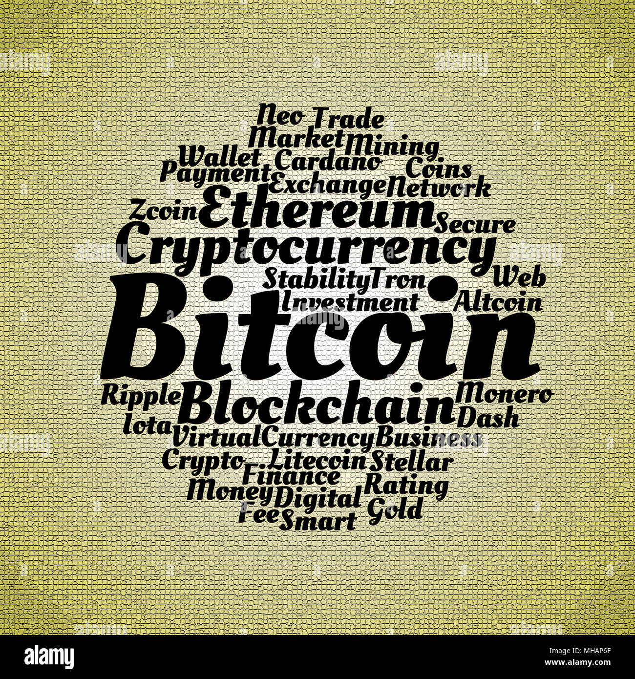 Bitcoin wordcloud concept on mosaic dark background Stock Photo