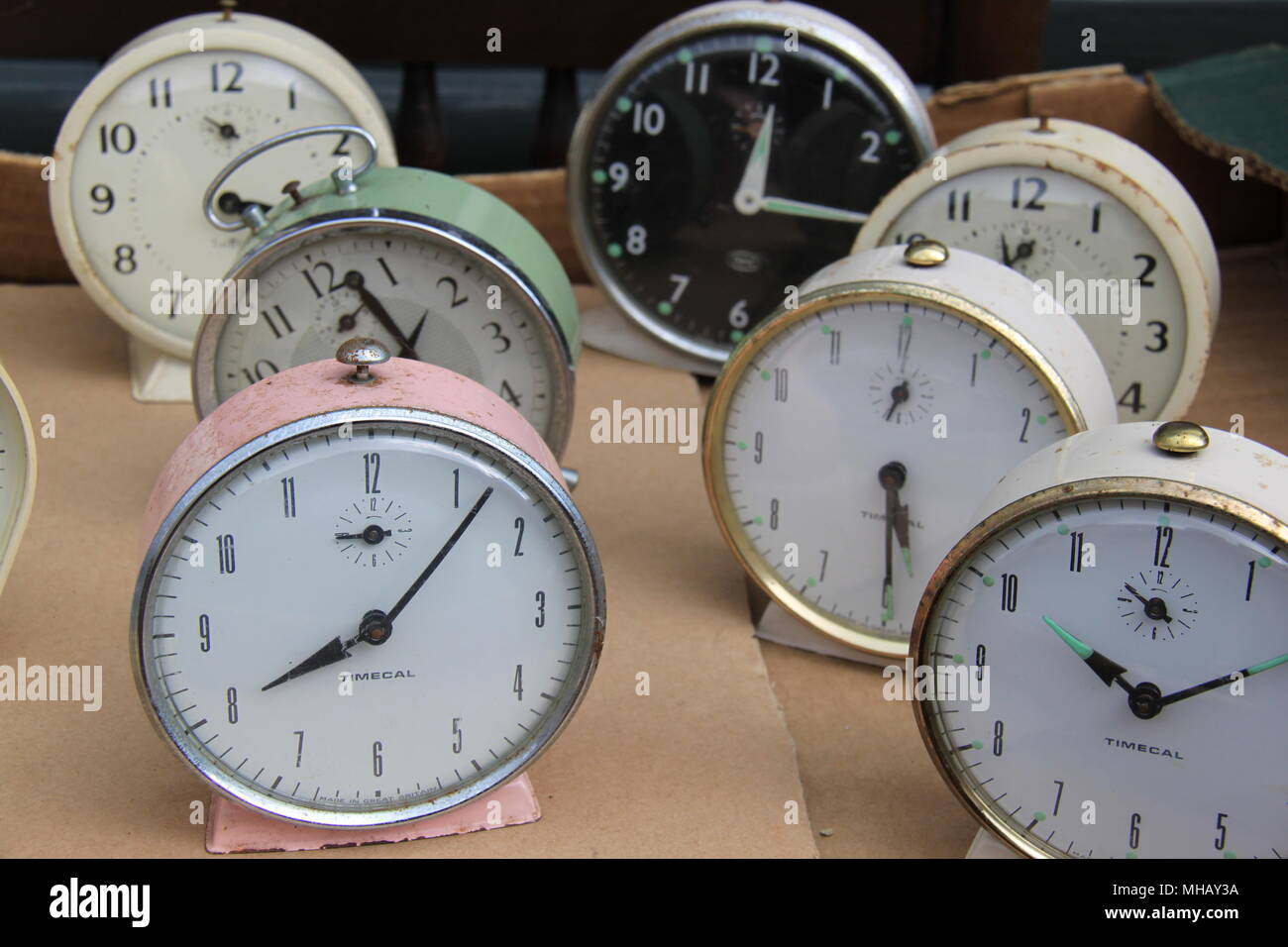 A collection of old classic alarm clocks for sale in the High Street