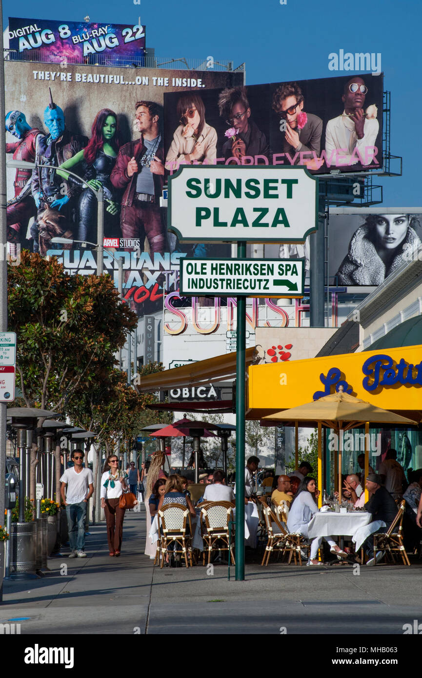 Lively outdoor cafes at the Sunset Plaza area of the Sunset Strip in