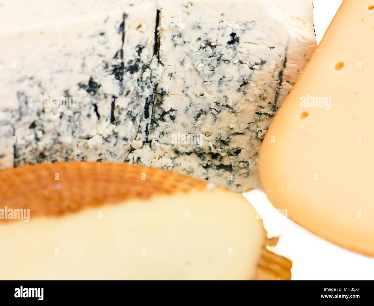 Cheese set. Roquefort with blue mold, cheddar and smoked cheese