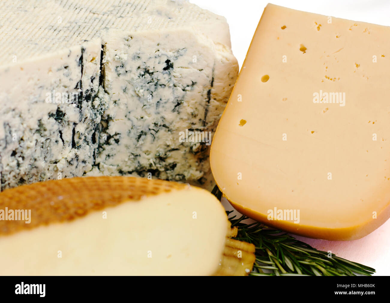 Cheese set. Roquefort with blue mold, cheddar and smoked cheese